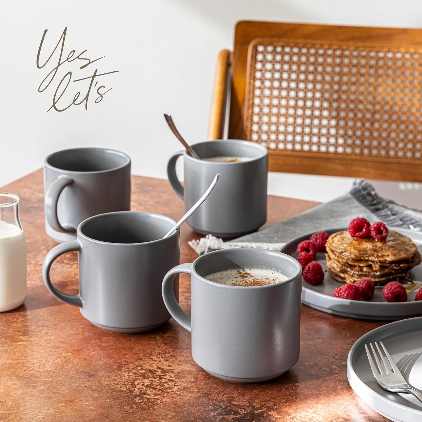 over&back Stackable Stoneware Coffee Mugs - 4-Piece Mug Set - Enjoy the Perfect Cup of Coffee, Tea, Latte, and More - Semi-Matte Charcoal - 14oz