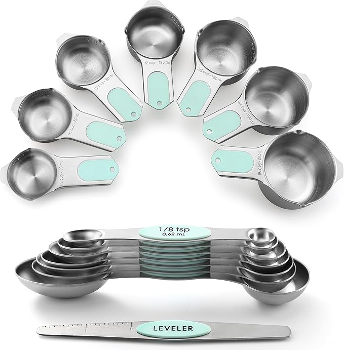 Spring Chef Magnetic Measuring Cups & Spoons Set (Patent Pending), Strong N45 Magnets, Heavy Duty Stainless Steel Fits in Spice Jars for Baking & Cooking, BPA Free, Round Set of 15 with Leveler, Mint