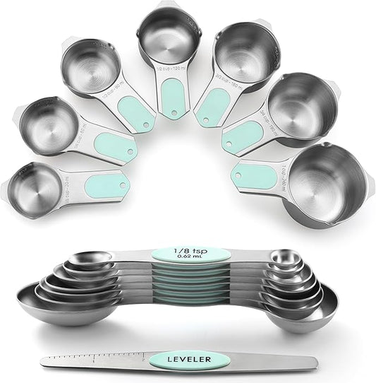 Spring Chef Magnetic Measuring Cups & Spoons Set (Patent Pending), Strong N45 Magnets, Heavy Duty Stainless Steel Fits in Spice Jars for Baking & Cooking, BPA Free, Round Set of 15 with Leveler, Mint
