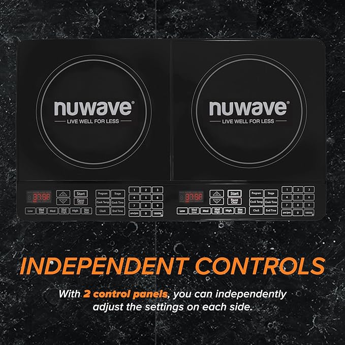 Nuwave Double Cooktop Induction Countertop Burner, Portable, 900 & 1800W, 100°F to 575°F, Large 8” Heating Coil, 50 Pre-Programmed Settings, Shatter-Proof Ceramic Glass, Built-In Safety Auto Shut Off