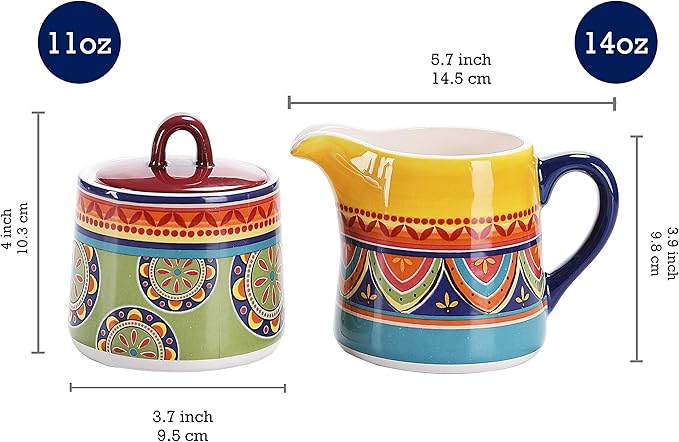 Bico Tunisian Ceramic Sugar and Creamer Set, Sugar Bowl with Lid, Cute Container for Coffee Bar, Kitchen Countertop Accessories, Microwave and Dishwasher Safe