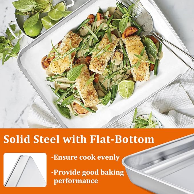 Small Baking Sheet Set of 2, E-far 10.5”x8.3” Stainless Steel Cookies Sheet Pan for Toaster Oven with 50 Parchment Paper, Rectangle Baking Tray for Cooking, Rust Free & Heavy Duty, Dishwasher Safe