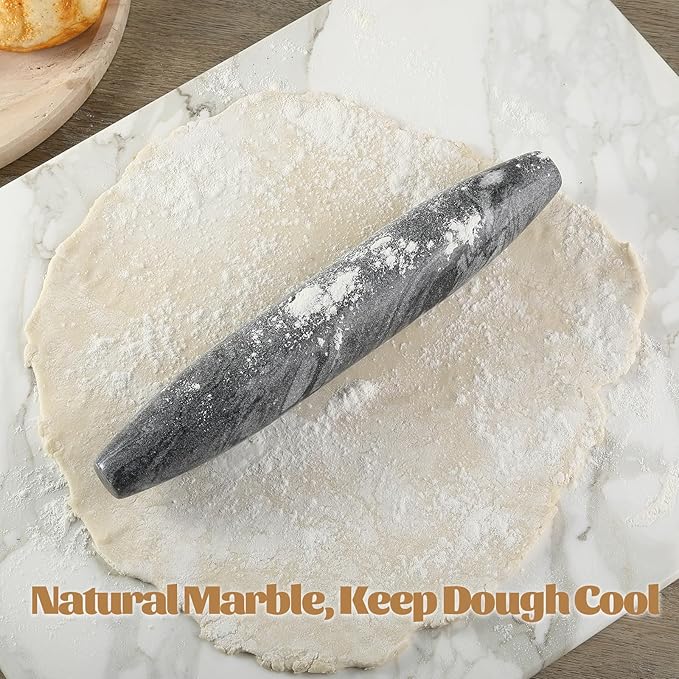Koville African Natural Grey Marble French Rolling Pin, 12inch Non-Stick Rolling Pin for Baking, Dough Roller for Pasta, Dumpling, Fondant, Pie, Bread, Pizza, Kitchen Baking Tools