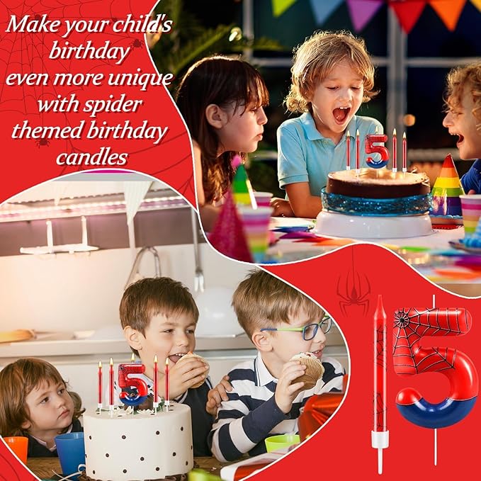 13 Pcs Spider Themed Birthday Candle Set Red Spider Theme Number 5 Candle Cake Topper for Boys Girls Birthday Decoration Spider Party Decoration Supplies (Number 5)