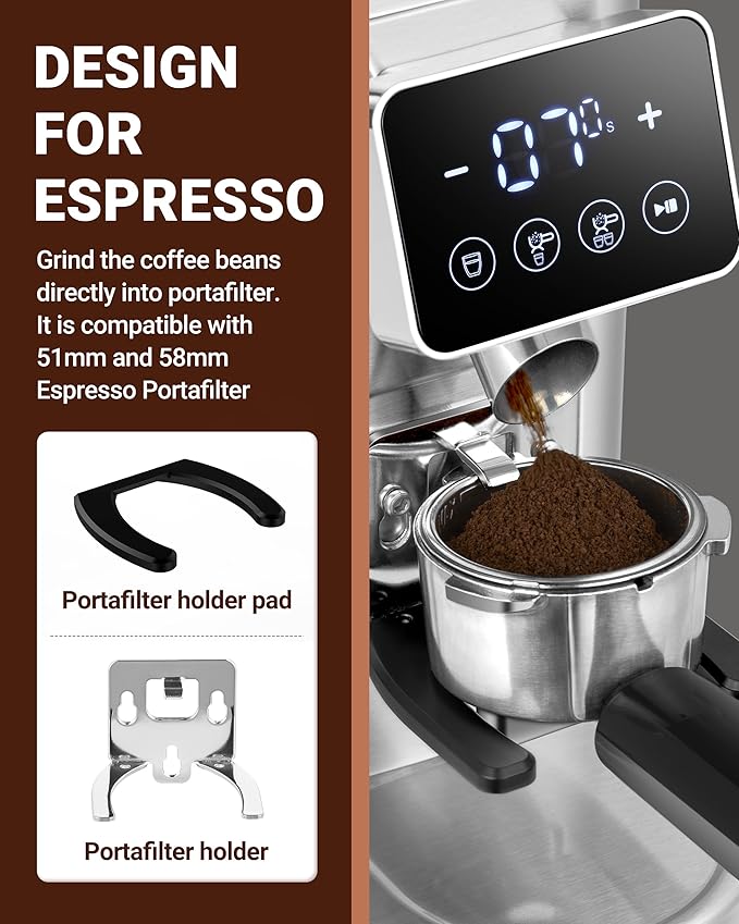 AMZCHEF Coffee Grinder, Coffee Bean Grinder for Home Use with Precise Grinding, LED Control Panel, Detachable Funnel Stand, Anti-static Design, 45 Grind Settings, Silver