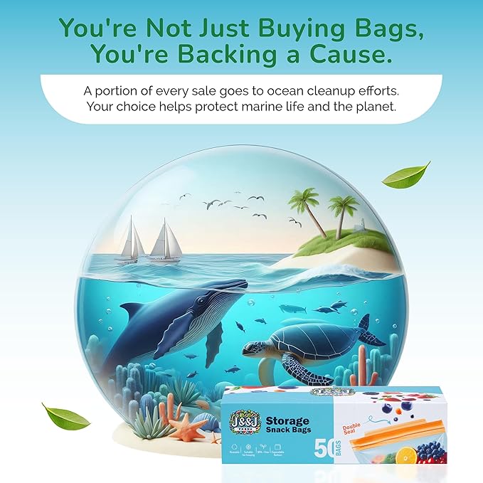 J&&J Fresh Storage Snack Bags, 50 Pack — Reusable Snack Bags, BPA-Free, Leakproof — Expandable Bottom, Microwave-Safe, Strong Zipper Lock Seal — Snack Bag for Freezer & Fridge — Durable & Washable