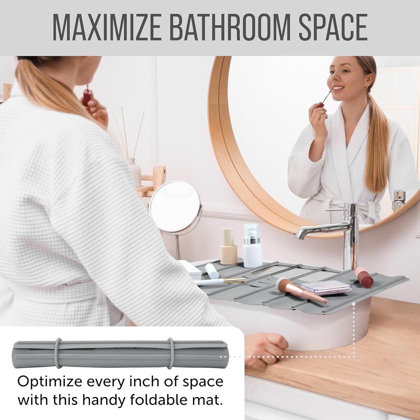 Maplefield Travel Size Bathroom Sink Cover for Counter Space - Foldable Silicone Sink Mat for Beauty Routine, Ideal for Small Bathroom, RVs, Camper Vans (Gray Small, 19.5 x 15.5 x 1.6 Inches)