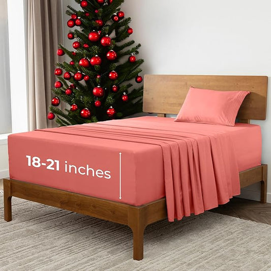 Mellanni Extra Deep Twin Sheets - 3 PC Iconic Collection Bedding - Hotel Luxury, Ultra Soft, Cooling Bed Sheets - Wrinkle, Fade, Stain Resistant (Twin, Coral)