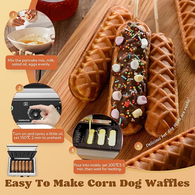 Moongiantgo Commercial Corn Dog Waffle Maker Machine 6 PCS 1550W Hot Dog Cheese Stick Press Iron, 50-300℃ Temp Control, 5-min Timer French Muffin Cooker 110V
