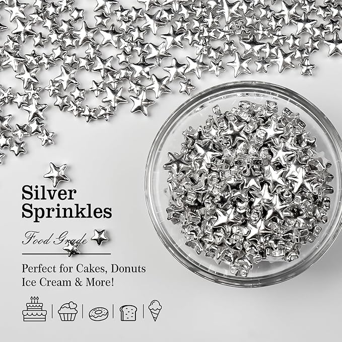Silver Sprinkles for Cake Decorating, Star Candy Sugar, Mix Size, 150g/5.29oz, Food Grade, Cake Decoration, Cupcake Topper, Holiday, Party, Wedding Party, Birthday, Easter, Christmas Supplies