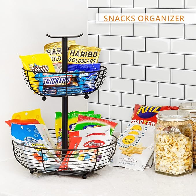 CAXXA 2 Tier Fruit Basket Bowl Kitchen Heavy Duty Wire Organizer, Black