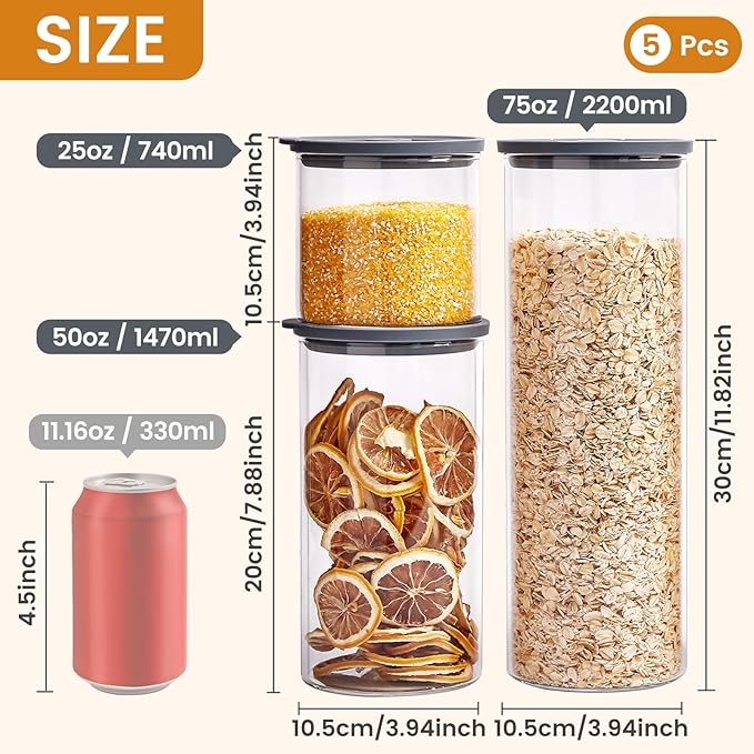 Glass Food Storage Jars with Lids[Set of 5], Perfect for Pasta, Cookies, Nuts, Coffee, Cereal, Flour, and More, Organize Your Kitchen with these BPA-Free Glass Jars with Silicone Lids