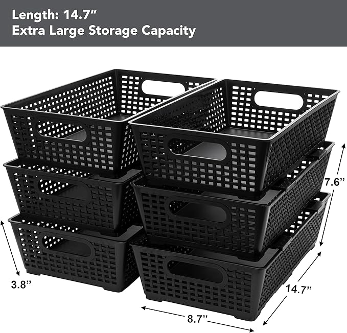 Stackable Woven Plastic Basket, Storage Bins for Cabinet, Closet, Shelf, Under Sink and Countertop, Pantry Organizer Bins, 6 Pack