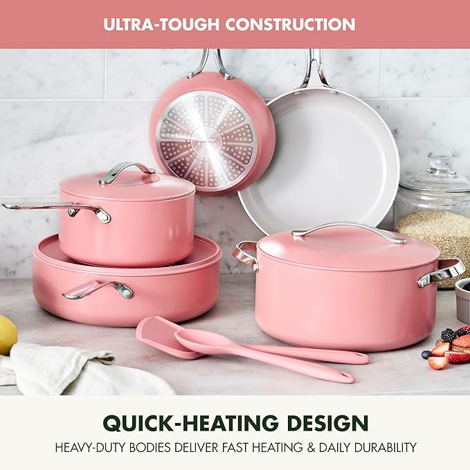 GreenPan Nova 10-Piece Cookware Pots & Pans Set, Oprah’s Favorite Things 2024, PFAS-Free Ceramic Nonstick, Fry, Sauté, Stockpot, Utensils, Lids, Induction Suitable, Dishwasher & Oven Safe, Coral