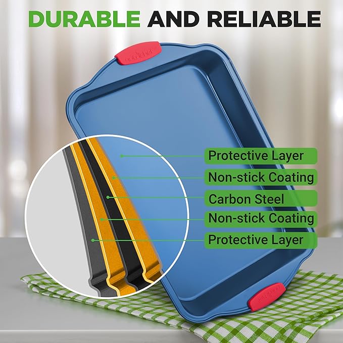 NutriChef 8-Piece Nonstick Baking Pan Set - Premium Carbon Steel Bakeware w/ Silicone Handles - Includes Pizza Tray, Loaf Pan, 12-Cup Muffin Pan, Round/Square Pans, & Cookie Sheet - Blue