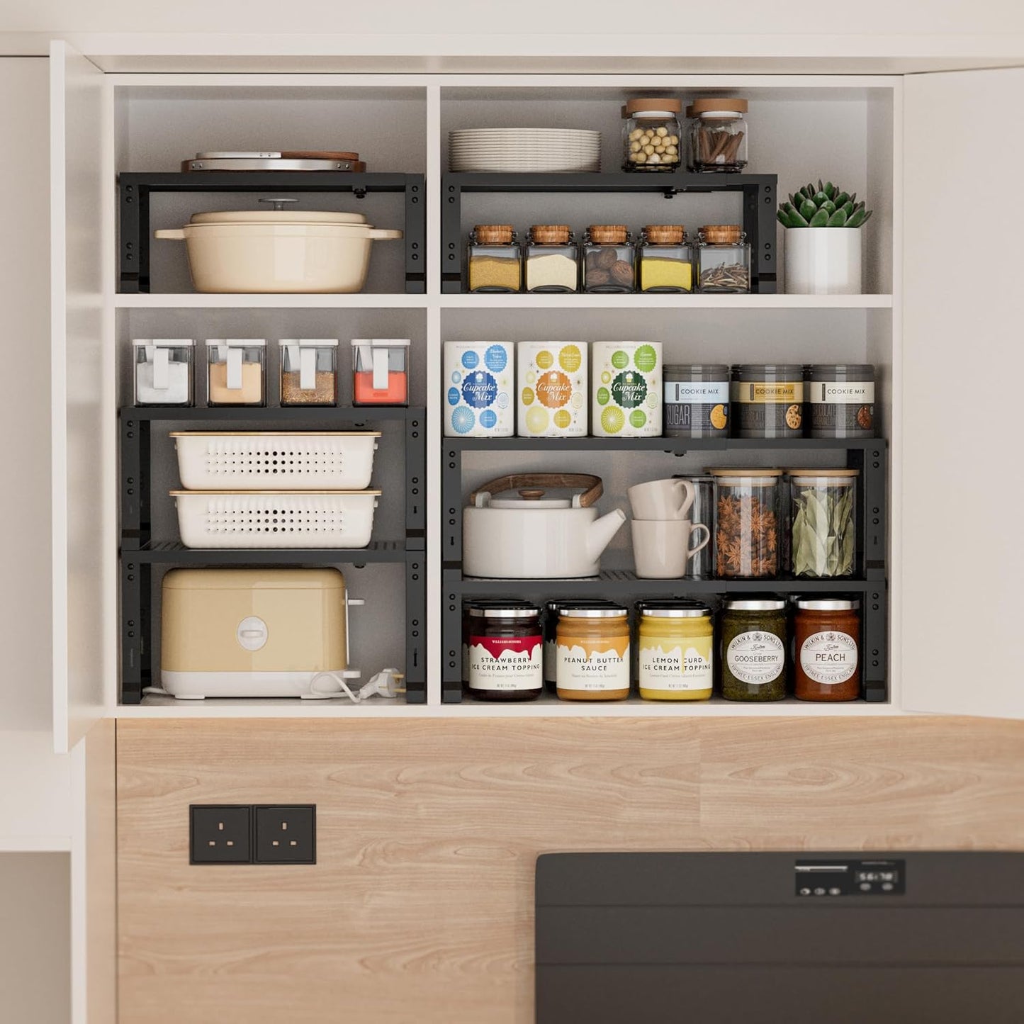 Heavy-Duty Adjustable Metal Shelf Organizer - Expandable & Stackable Pantry Storage Rack for Kitchen, Bathroom, RV, Cabinets(1 Pack/Black, Medium)