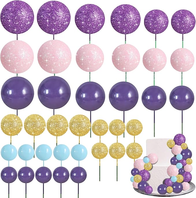 BEISHIDA 40 Pcs Foam Ball Cake Toppers with Sticks Mini Cake Decorations for Birthdays, Weddings, Baby Showers, DIY Baking Supplies, Anniversary Party (Purple, Rose, Gold, Blue)