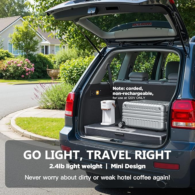 Single Serve One Cup Coffee Maker, for K Cups and Grounds, Mini Coffee Maker with Portable Handle, 6 to 12 Oz Brew Size, for Travel, Camping, Office, RV and Dorm, 120V, White and Brown