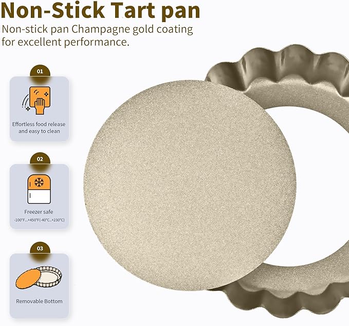 Mini Tart Pan 12PCS, 4 Inch Tart Pan Removable Bottom Non-Stick Tin, 0.9 Inches High Suitable for DIY Making Small Tarts at Home. Champagne Gold Appearance.
