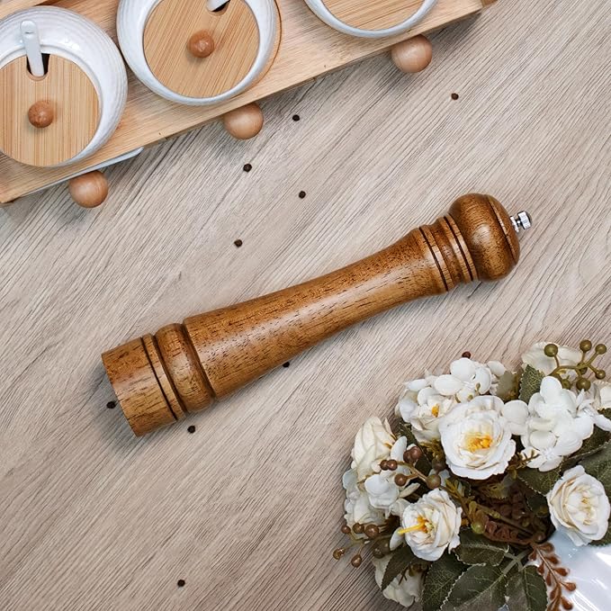 1 Pack - 10 Inch tall Wooden Pepper Mill or Salt Mill Elegant Pepper Grinder Wood with a Adjustable Ceramic Rotor and Easily Refillable - Oak Wood Salt Grinder for Your Kitchen