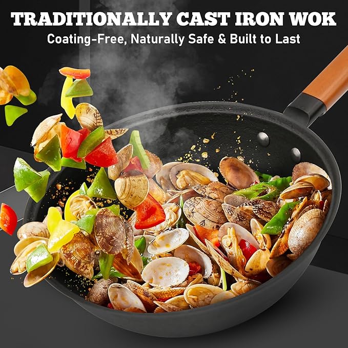 Nonstick Frying Wok Pan Hybrid, 11 Inch Preseasoned Deep Stir Fry Pan Skillet with Glass Lid, Traditional Chinese Cast Iron Wok, No Coated Saucepan for Induction, Electric, Gas, Grill Stoves