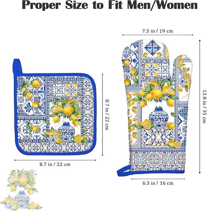 Yellow Lemon Oven Mitts and Pot Holders Sets 2Pcs, 100% Cotton Heat Resistant, Extra Long Oven Gloves Potholder for Kitchen Cooking Baking Decoration