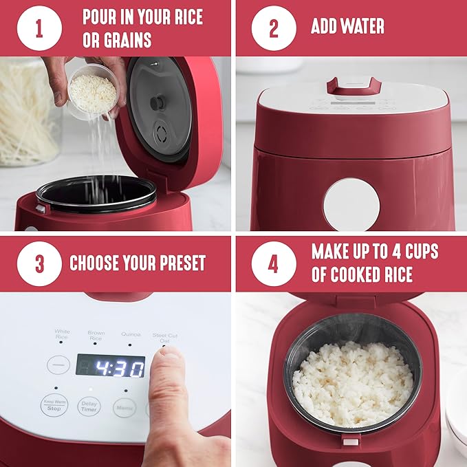 GreenLife Digital Rice Cooker, 2-Cups Uncooked/4-Cups Cooked, Removable Nonstick Ceramic PFAS-Free Pot, One-Touch Presets, Oats, Quinoa, Brown Rice, Auto Keep Warm, Fuzzy Logic Tech, 1.5 QT, Red