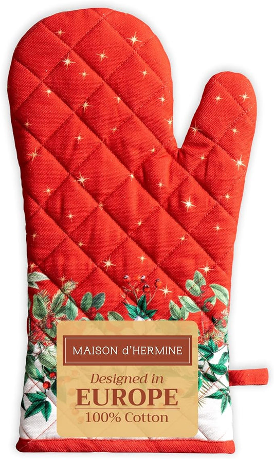 Maison d' Hermine Oven Gloves 100% Cotton Oven Mitt 7" x 13" with Loop Heat Resistant, BBQ, Cooking Gloves, Baking, Grilling, Kitchen, Handling Hot Pans (Pack of 1, Noel)
