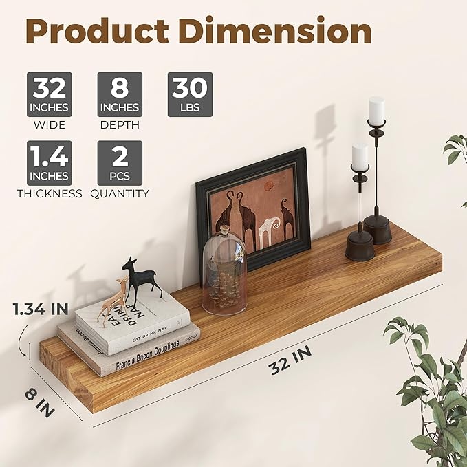Axeman Floating Shelves for Wall - 32''W x 8'' D Rustic Solid Elm Wood Shelves for Storage, Wall Mounted Display Shelving with Invisible Heavy-Duty Metal Bracket (Natural, 2PCs)
