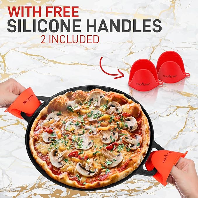 NutriChef 13-Inch Flat Cast Iron Pizza Pan - Versatile Pre-Seasoned Round Cooking Griddle w/ Built-In Handles for Oven, Grill, Stove, and Campfires