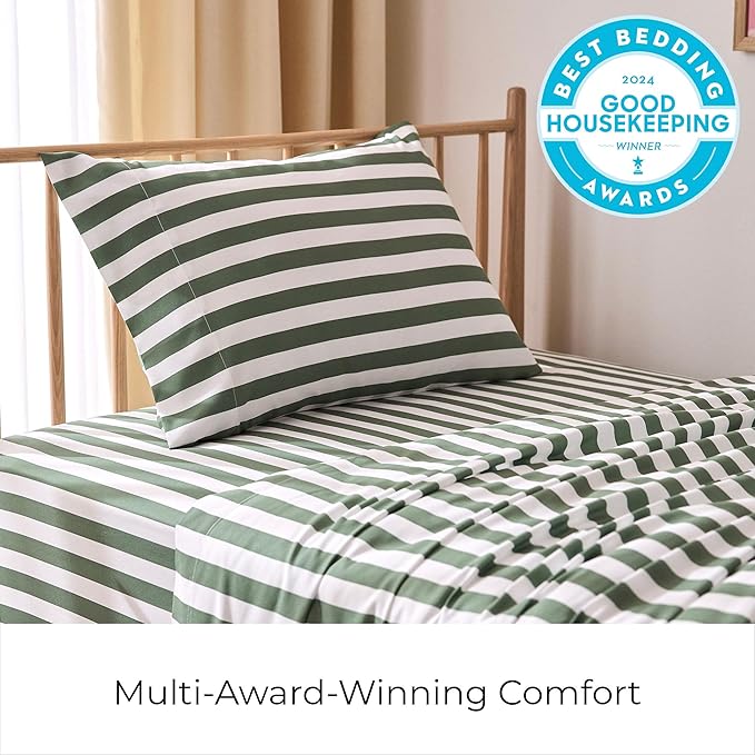 Mellanni Twin Sheets Set - 3 PC Iconic Collection Bedding - Hotel Luxury, Extra Soft, Cooling Bed Sheets - Wrinkle, Fade, Stain Resistant (Twin, Oxford Stripe Sage)