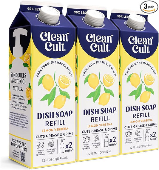 Cleancult Dish Soap Liquid Refills - Plant Based Cleaning Power - Cuts Grease & Grime - Free of Harsh Chemicals - Uses 90% Less Plastic - Lemon Verbena - 32 oz/3 Pack