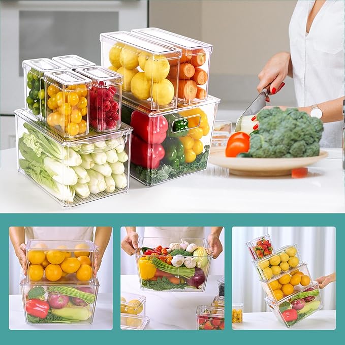 MUCHII 8 Pack Fridge Organizers, Stackable Fridge Organizer Bins with Lids, Kitchen Organization Storage Containers for Fruit, Food, Vegetables