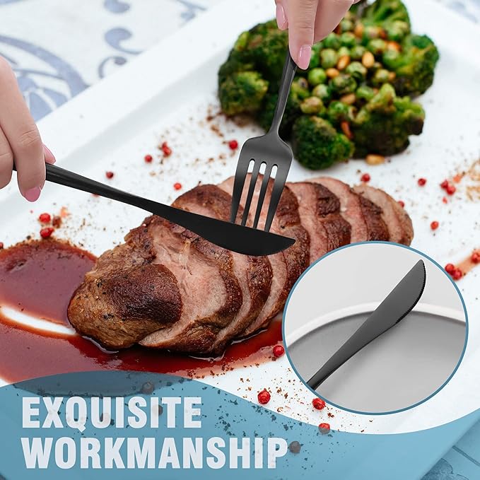 Matte Black Silverware Set for 8,Modern Stainless Steel Brushed Cutlery Set,40-Pieces Heavy Duty Flatware Set,Knives Spoons and Forks Set Utensils Set, Satin Finish, Dishwasher Safe