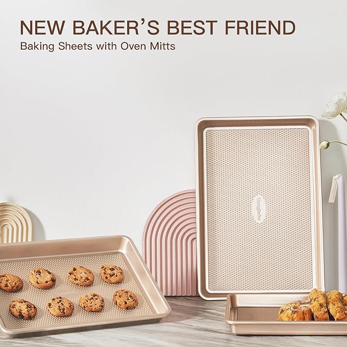 HONGBAKE Baking Sheet Pan Set of 3, Cookie Sheets for Oven, Nonstick Half/Quarter/Jelly Roll Pans with Diamond Texture Pattern, 0.8mm Thick Heavy Duty Cookie Tray, Champagne Gold