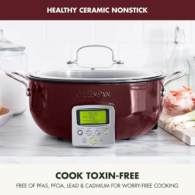 GreenPan Elite Essential Smart Electric 6QT Skillet Pot,Sear Saute Stir-Fry and Cook Rice, Healthy Ceramic Nonstick and Dishwasher Safe Parts, Easy-to-use LED Display, PFAS-Free, Fantasy Fig