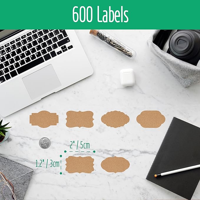 600 PCS Kraft Paper Stickers, 6 Fancy Shapes Labels Self Adhesive Blank Stickers Crafts, Homemade Food Jars, Gift Tags, Name Labels, Envelope Labels, Home Office Business Uses (1.2'' x 2'') (Heba496)