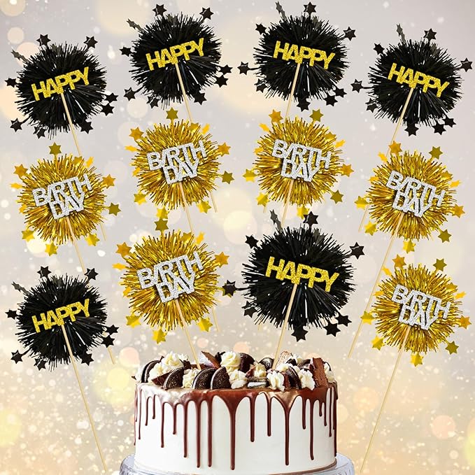 LOLStar 12 PCS Happy Birthday Cake Toppers, Black and Gold Foil Cupcake Toppers, Glitter Tinsel Cupcake Decor, Food Picks Drink Stirrers Cocktail Toothpicks for Celebrating Party Supplies