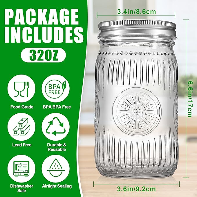 6 Pack 32 oz Wide Mouth Mason Jars with Airtight Lids - Glass Canning Jars for Food Preservation, Storage, Pickling, Crafts & DIY Projects, Durable Quart Glass Jars Dishwasher Safe