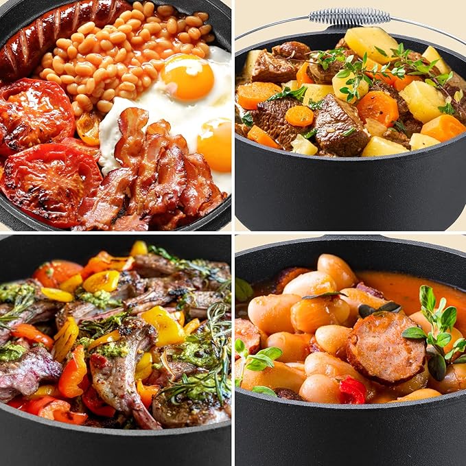 LIFERUN Dutch Oven Pot with Lid, 6.2 Quart Cast Iron Dutch Oven, without Feet, with Stand & Spiral-shaped Handle, Cast Iron Pot for Outdoor & Indoor