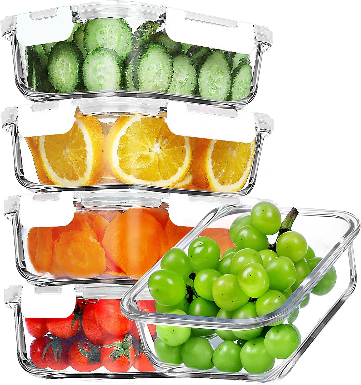 VERONES 5 Pack 36 OZ Glass Meal Prep Containers, Airtight Glass Lunch Containers Set, Food Storage Containers with Lids,Exclusive of BPA, for Microwave, Oven, Freezer & Dishwasher Friendly,White