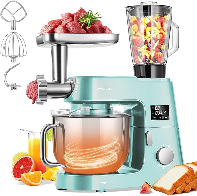 VIVOHOME 9 in 1 Multifunctional Stand Mixer with Fermentation, 6 Speed 7.5 Quart Kitchen Electric Food Mixer with Timer, Meat Grinder, Juice Blender, Vegetable Slicer, Pasta and Cookie Maker, Blue
