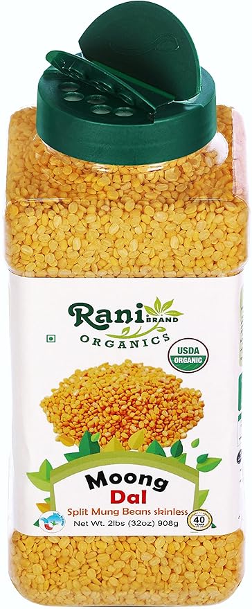 Rani Organic Moong Dal (Split Moong Beans Skinless) Indian Lentils 32oz (2lbs) 908g PET Jar ~ All Natural | Vegan | Gluten Friendly | NON-GMO | Indian Origin | USDA Certified Organic
