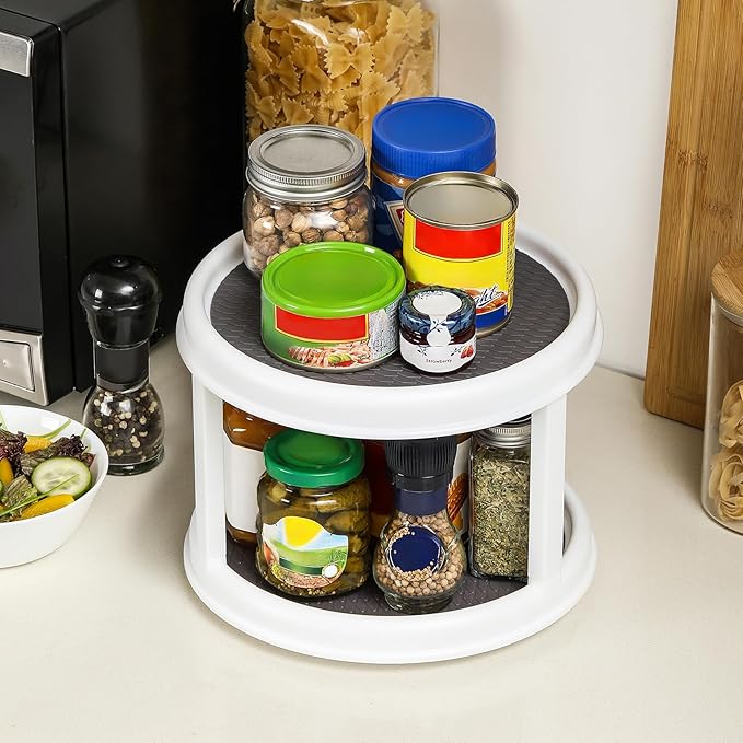 2 Tier 10" Turntable Lazy Susan Spice Organizer - Rotating Seasoning Rack for Pantry Cabinet Kitchen Countertop, Table Top Organizing - Multiuse Two Tier Rotating Organization Rack Spinner