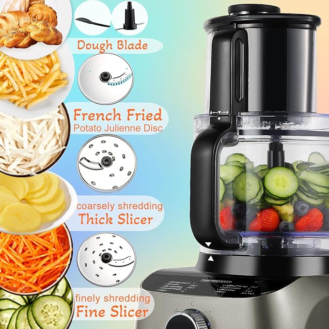 14 Cup Food Processor, French-Fry-Cutter, Blending, Mixing, Shredding, and Slicing, Meat and Vegetable Chopping, Doughing for Home Use, Mincing, and Pureeing,4 Speeds,600W