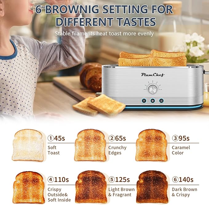 4-Slice long Slot Toaster, 7 Browning Settings, Defrost/Reheat Functions, Removable Crumb Tray, Full body Stainless Steel Housing, 1350W, Anti-Fingerprint & Anti-Jam (2, Sliver)