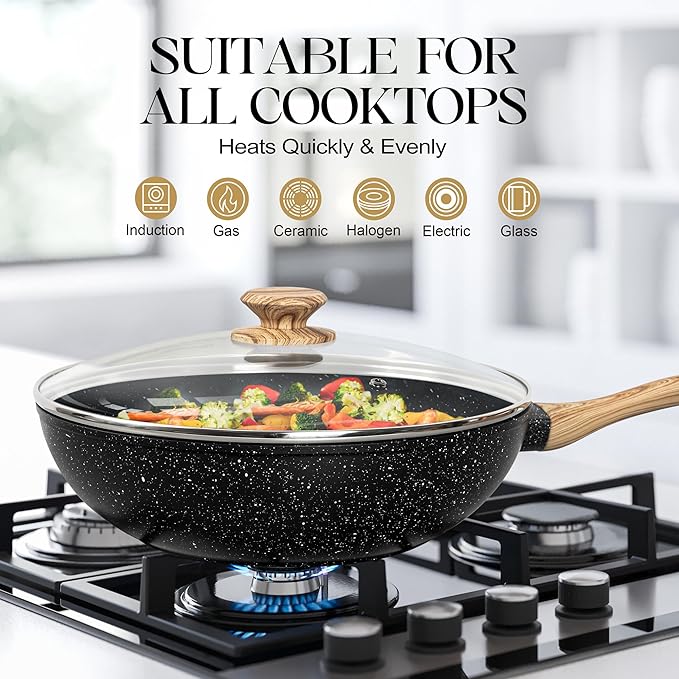 MICHELANGELO 12 Inch Wok Set - Woks & Stir-Fry Pans Nonstick Wok Pan with Lid, Induction Wok with Ergonomic Handle, Stainless Steel Steamer, Fryer Basket, Black