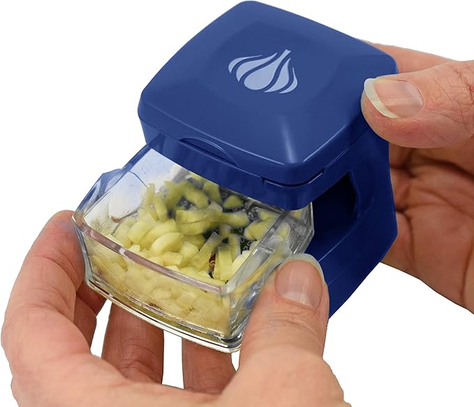 Garlic-A-Peel Garlic Press, Crusher, Cutter, Mincer, and Storage Container - Includes Silicone Garlic Peeler - Easy to Clean - Stainless Steel Blades – (Blue), standard