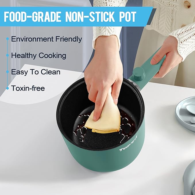 Topwit Hot Pot Electric, 1.5L Ramen Cooker, Portable Non-Stick Frying Pan, Electric Pot for Pasta, Steak, BPA Free, Electric Cooker with Dual Power Control, Over-Heating & Boil Dry Protection, Green