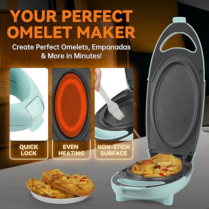 Baker’s Friend Omelette Maker Electric, Omelette Pan Nonstick, Frittata Pan & Egg Pan, Double Sided Pan for Breakfast, Individual Flip Omelette Makers Electric, Aqua
